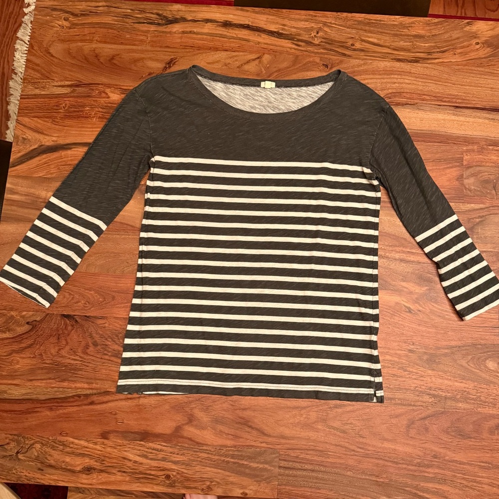 J Crew Heather Gray and White Striped Boatneck Top